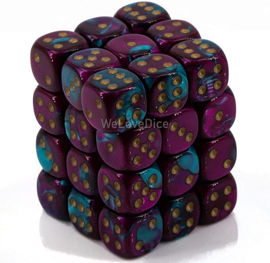 Chessex Dice D6 Sets: Gemini Purple & Teal with Gold - 12Mm Six Sided Die (36) Block of Dice
