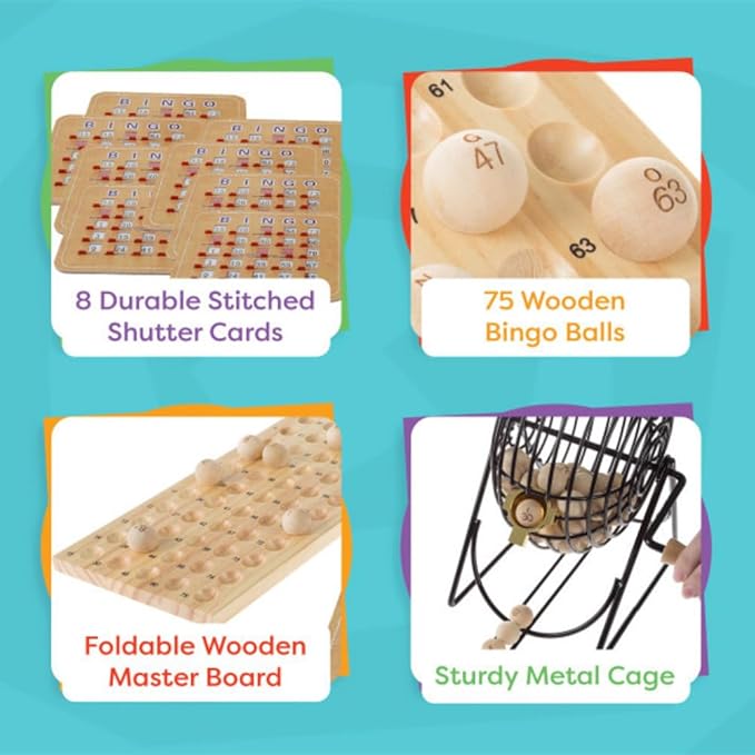 Hey! Play! Deluxe Bingo Game with Metal Ball Spinner, Wooden Bingo Balls, Wood Master Board, and Different Shutter Bingo Cards for Up to 8 Players