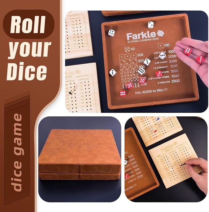 Farkle Dice Tray and Storage Case - Includes Embedded Scoring Combinations, 4 Sets of 6 Pearl Dice, 50 Sheet Score, 2 Scoreboards, 12 Scoring Sticks, and a Pen for The Classic Family Games (Brown)