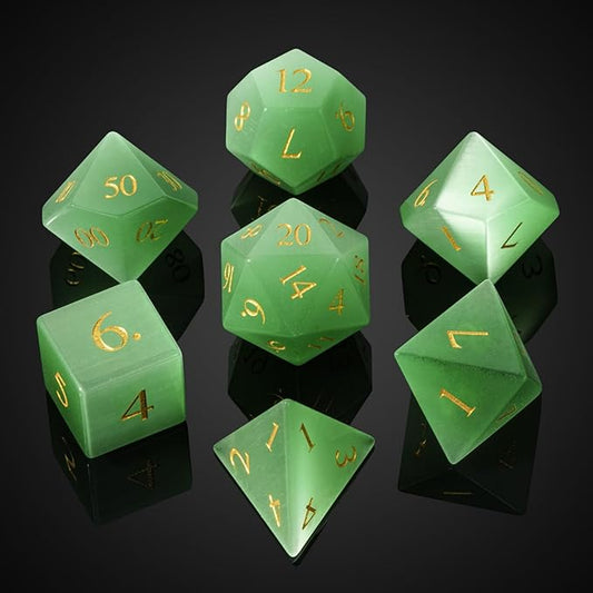 UDIXI Natural Gemstone DND Dice Set, 7PCS Handmade Crystal Stone Dice Set D&D for Dungeons and Dragons Role Playing Game and Tabletop Games (Green Cat's Eye)