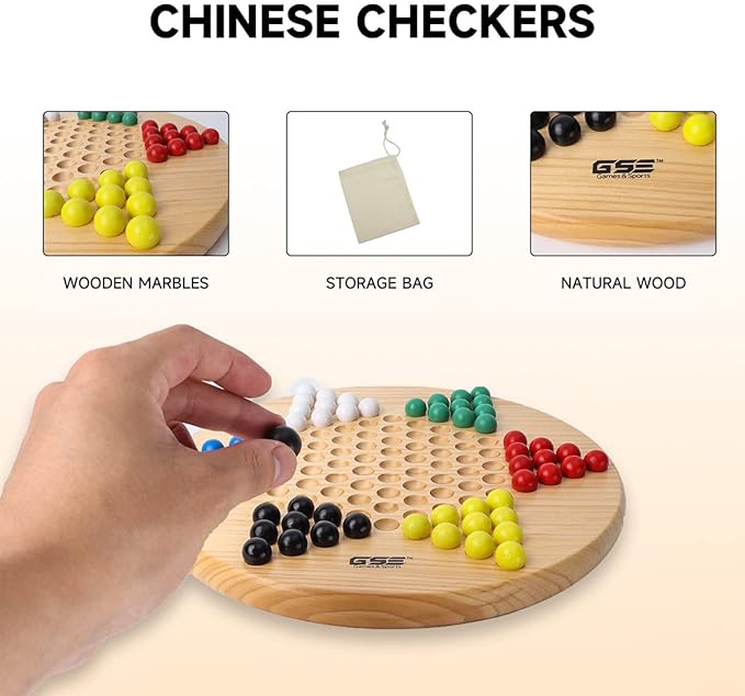 GSE Games & Sports Expert 11.5" Natural Wood Chinese Checkers Board Game Set with 66 Colorful Wooden Marbles, Classic Strategy Family Board Game for Kids & Adults