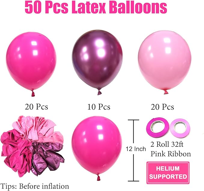 Pink Balloons Metallic Pink Balloon, 50Pcs 12Inch Hot Pink Chrome Pink Latex Balloons Baby Pink Balloon and Dark Magenta Pink Balloons for Birthday Baby Shower Princess Party Decorations