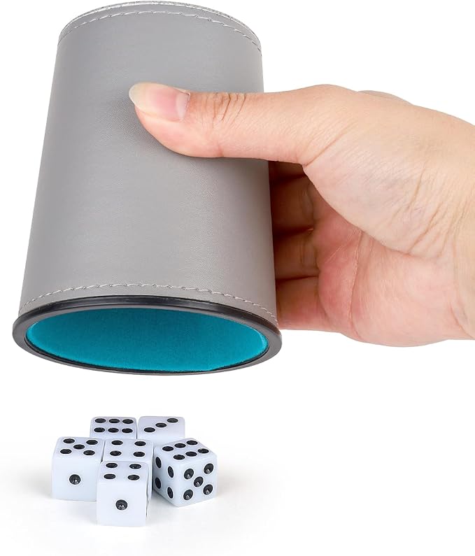 Felt-Lined PU Leather Dice Cup Set, 6 Quiet Dice Shaker Cups with 36 Dices for Bar Party Yahtzee Farkle Dice Games, Grey and Blue