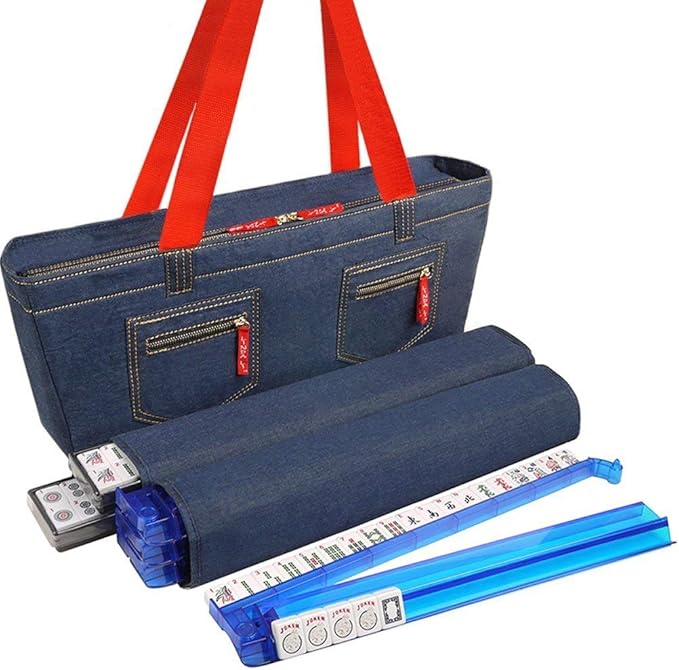 New! - American Mah Jongg Set 166 Premium White Tiles, 4 All-in-One Rack/Pushers, Denim Blue Soft Bag - Stylish Full Size Complete Mahjong Set