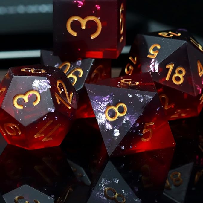 Haxtec Sharp Edge DND Dice Set Purple Red Resin Dice Silver Flakes D&D Dice for RPG Role Playing Games Dungeons and Dragons Gift War Series