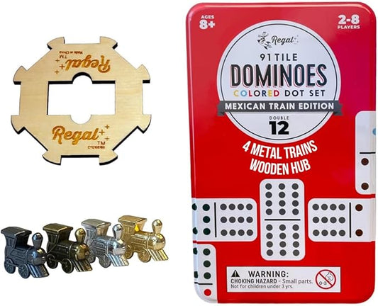 Regal Games Mexican Train Double 12 Dominoes Set for Adults & Kids - Domino Game with 91 Tiles Colored Dots & 4 Metal Trains - 2-8 Player Games & Ideal for Family Fun Game Night and Travel (Ages 8+)