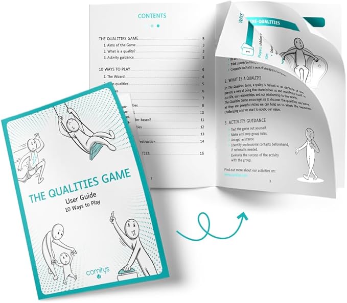 The Qualities Game | 64 flashcards with 256 Human Qualities | Non-Violent Communication Teaching Tool | Build Self-Esteem | School | Team Management | Therapy