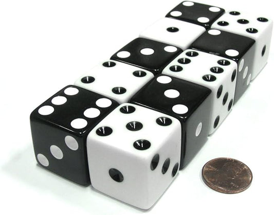 Koplow Games Set of 10 Inverse D6 25mm Large Opaque Jumbo Dice - 5 Each of White and Black