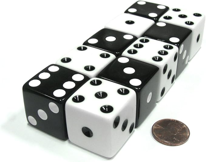 Koplow Games Set of 10 Inverse D6 25mm Large Opaque Jumbo Dice - 5 Each of White and Black