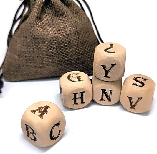 5Pcs/Set Wooden Letter Dice Set,6-Sided Laser Engraving A-Z Pattern Wood Rolling Dices for Game Party
