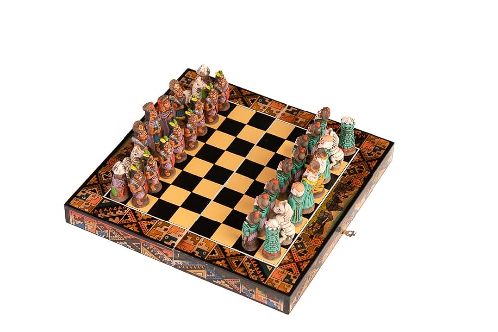 Illari Peru. Chess set Peruvian with storage box. Incas Vs Spanish Conquerors. Hand Painted Wooden. Small 7.8 x 7.8 inches. Medium10.2 x 10.2 inches. Large 15.8 x 15.8 inches.. (M, BLUE)