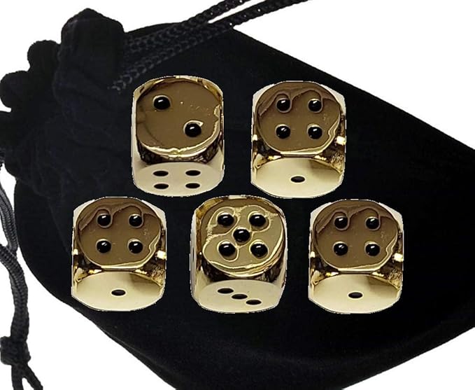 Cyber-Deals Set of (5) Solid Zinc Alloy Metal Polished Finish 16mm Dice, Rounded Corners with Black Velvet Cloth Pouch (Gold with Black Dots)