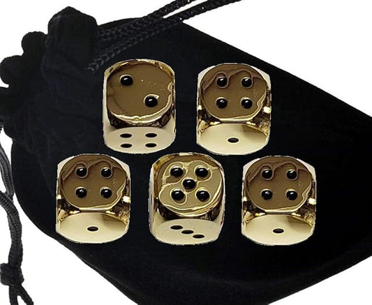 Cyber-Deals Set of (5) Solid Zinc Alloy Metal Polished Finish 16mm Dice, Rounded Corners with Black Velvet Cloth Pouch (Gold with Black Dots)
