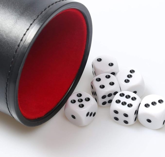 Felt Lined PU Leather Dice Cup Set with 6 Dot Dices (Black, Pack of 1)