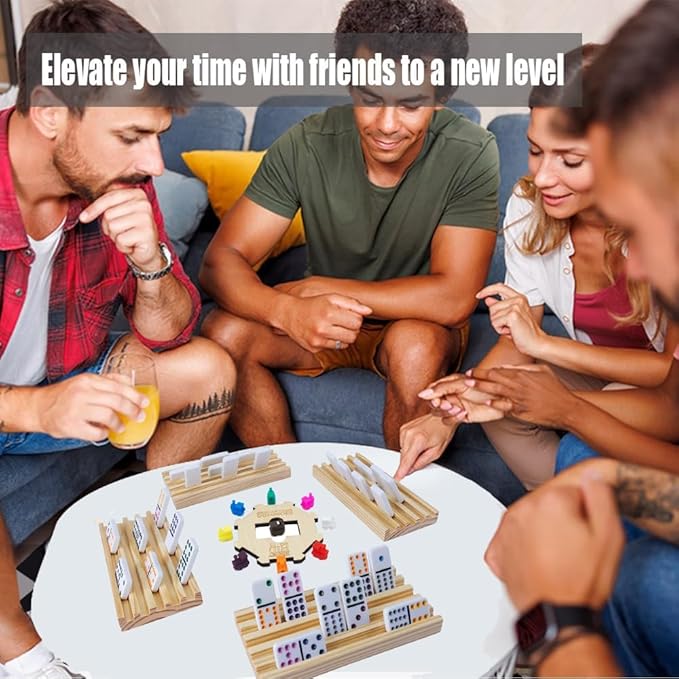 Mexican Train Dominoes Set with Numbers and 4 Wooden Trays/Racks, Double 12 Dominos Travel Set with 4 Tiles Holders, 91 Tiles Double 12 (Mexican Train Dominoes Set with 4 Racks)