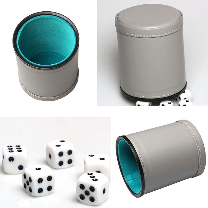 Leatherette Dice Cup Set Felt Lined with 16mm Dot Dices Shaker for Yahtzee Bar Party Dice Games - Grey
