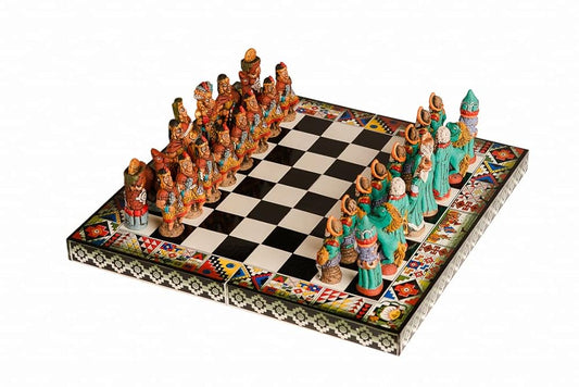 Illari Peru. Chess set Peruvian with storage box. Incas Vs Spanish Conquerors. Hand Painted Wooden. Small 7.8 x 7.8 inches. Medium10.2 x 10.2 inches. Large 15.8 x 15.8 inches.. (L, RED)