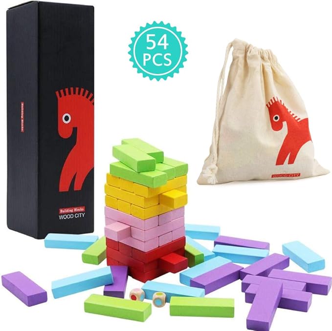 Gentle Monster Wooden Colorful Stacking Board Games Builing Blocks for Kids Boys Girls, 54 Pcs Wood Balancing Blocks Montessori Toy Gift for Kids, Classic Game for Party with Storage Bag