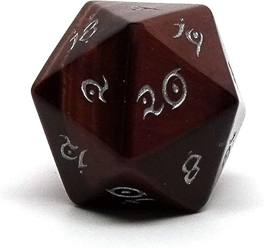 Single D20 Semi Precious Stone Dice with Elvenkind Font (Red Tiger's Eye)