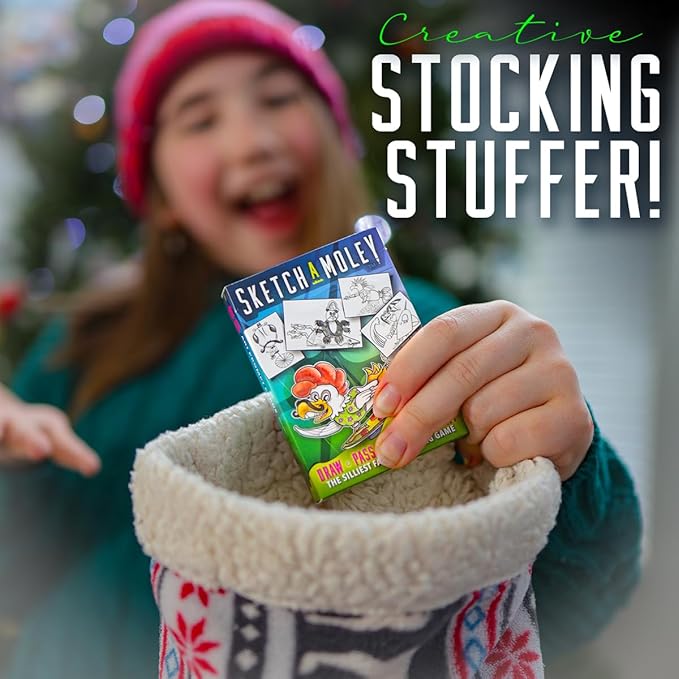 SketchaMoley Silly Family Drawing Game of Round Robin Art Mashups! 1-6+ Players. 55 Cards Travel Deck. Creative Stocking Stuffer Gifts for Kids Teens Artists Daily Art Prompts Ideas