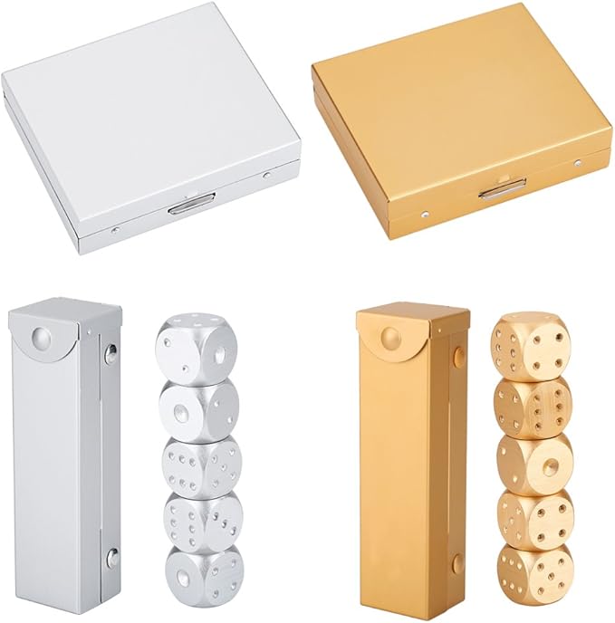 Precision Aluminum Alloy Dice Solid Metal Dice Set Table Game Dice Poker Games Dices Set with Case 5pcs (Gold Square Box) Black and Gold dice
