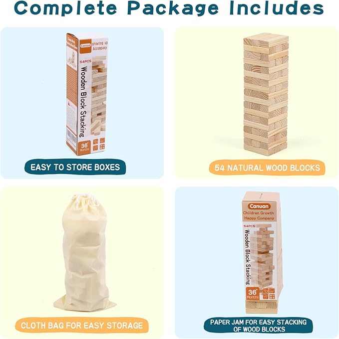 54PCS Classic Block Stacking Board Game Wooden Blocks Stacking Games for Kids and Families Tumbling Tower Blocks Game for Kids and Adults with Storage Bag