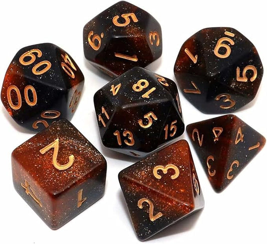 Polyhedral Dice Set, 7 PCS Dice Kit of D4 D6 D8 D10 D% D12 D20 Compatible with Dungeons and Dragons DND TTRPG MTG Table Role Playing Games(Black & Orange Nebula+Glitter)