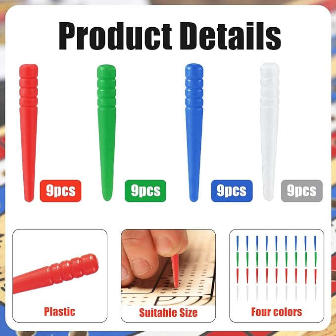 36pcs Cribbage Pegs, Fits 1/8 Holes Plastic Cribbage Pins Tapered Design Cribbage Board Game Versatile Cribbage Board Scoring Pegs for Family Friends (Blue, White, Green, Red)