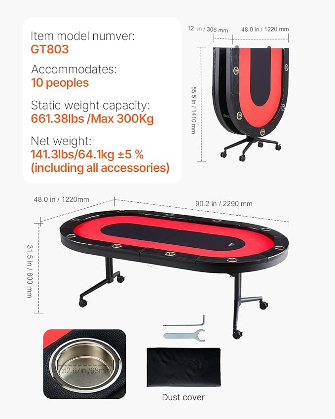 VEVOR 10 Player Poker Table Foldable, Portable Folding Card Board Game Table, Casino Leisure Table, Blackjack Texas Holdem Table with Padded Rails and Stainless Steel Cup Holders,Blue (90 in)