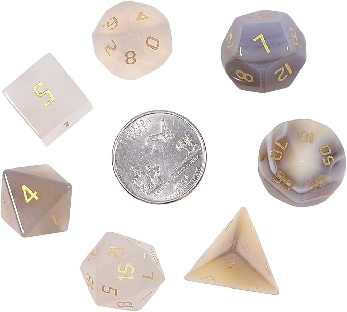 TUMBEELLUWA Engraved Crystal Stone Polyhedral Dice Set for RPG MTG Dungeons and Dragons Table Game 7 Pieces DND Board Game Dices with Pouch, Grey Agate