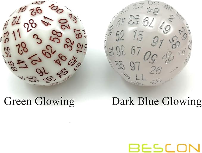 Bescon Super Jade Glow in Dark Polyhedral Dice 100 Sides, Luminous D100 die, 100 Sided Cube, Glowing D100 Game Dice