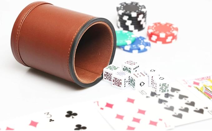 Leatherette Dice Cup with Poker Dice, Felt Lining Quiet Shaker for Playing Yahtzee/Farkle/Liars Dice,
