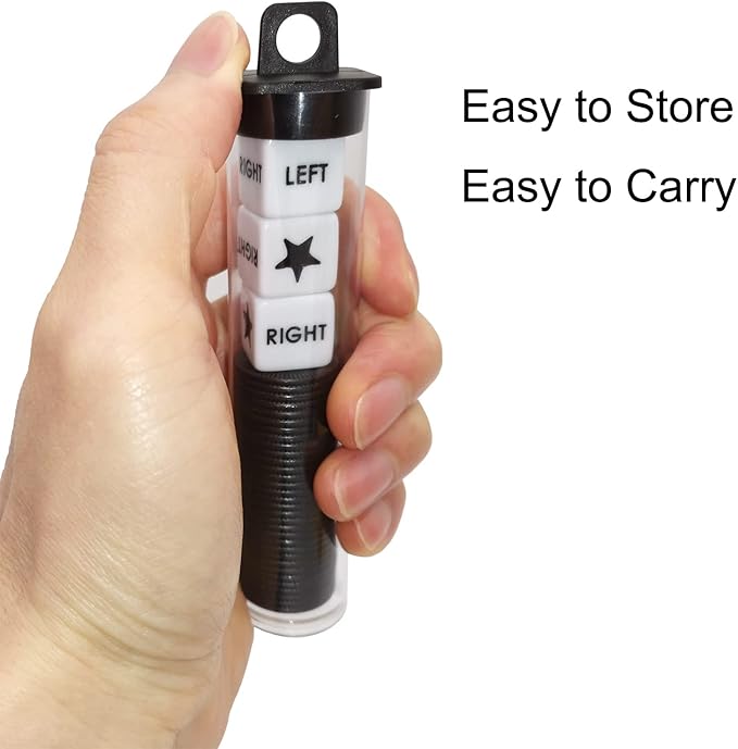 Left Right Center Dice Game Prime Set Bundle with 3 Dices + 36 Chips. Round Tube Storage is Very Convenient for Travel. Easy to Store, Carry Around. (Black)