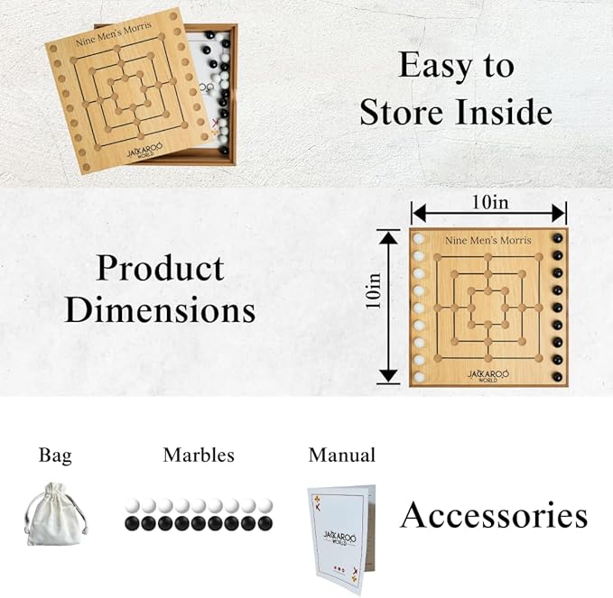 Nine Mens Morris Board Game - 2 Player Games - Marble Tic Tac Teo Game - Ancient Rome Board Game - Black & White Marble Strategy Game - Adult Games Wooden Board Games for Adults (Oak)