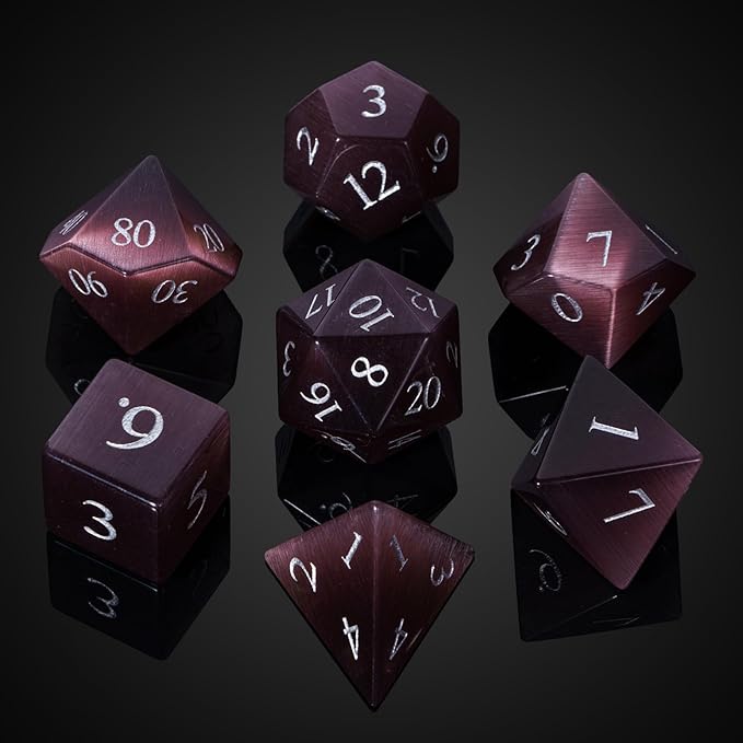 UDIXI Natural Gemstone Dice Set, 7PCS Crystal DND Dice for Dungeons and Dragons, Handmade Stone Dice for Table Games (Purple Cat's Eye)