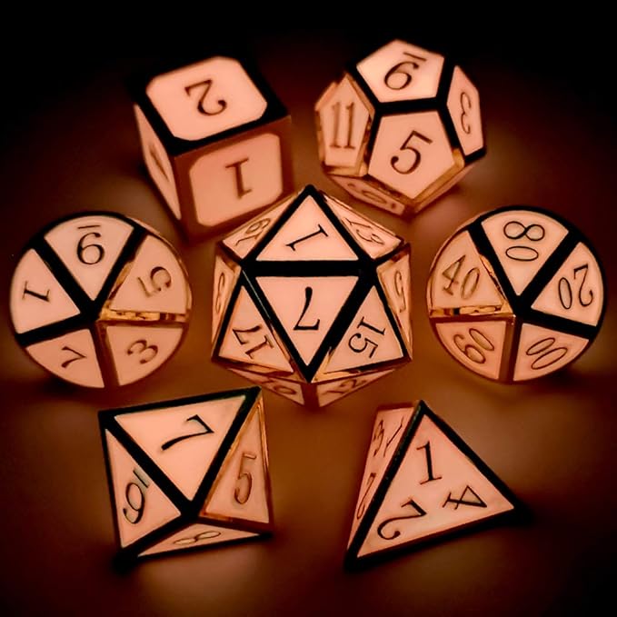 Haxtec Glow in The Dark Metal DND Dice Set Gold Pink D&D Dice for Dungeons and Dragons-Gold Glowing Red/Cream Pink