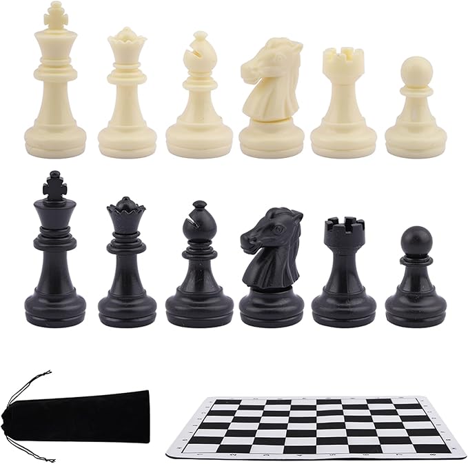 Portable Chess & Checkers Set, 235mm Tournament Roll Up Chess Board with Drawstring Bag, Folding Rollable Chess Set Travel Chess Set for Kids and Adults(Black)