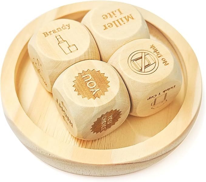 Wood Drinking Dice Game 4 Pcs - Adult Party Funny Games Dices 1.2inch - for Beer Resha Roulette Date Night Drinking Valentine's Day Bachelorette Wedding Graduation