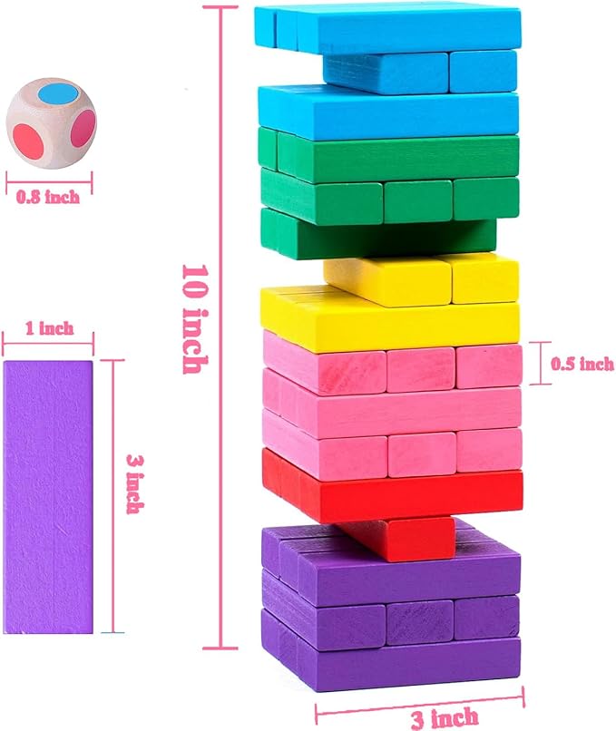 48 Pieces Stacking Board Game,Wooden Stacking Colorful Stacking Board Games,Tumble Tower with Dice,Stacking Building Blocks for Kids Boys Girls Gifts,Stacking Game with Storage Bag