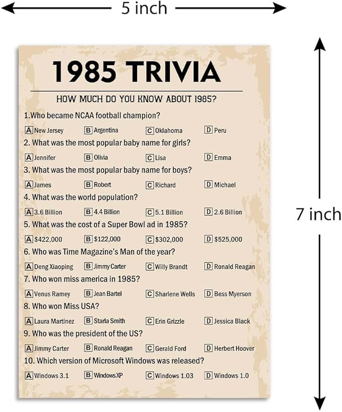 40th Birthday Party Games, 1985 Trivia Games, Birthday Party Supplies for Adults, Fun 1985s Party Game，Pack of 30 Cards