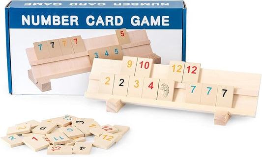Rummy Cube Game 2-4 Players with 4 Wooden Racks/Trays and Wood 106 Rummy Cards, Large and Bright Number Edition Rummy Tiles, Toys for Families Friends Adults