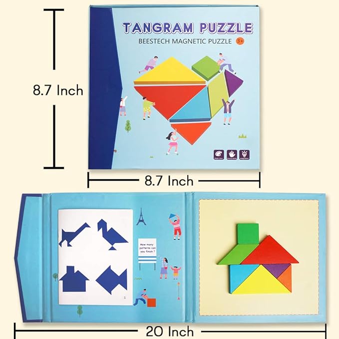 BEESTECH Wooden Tangram Puzzle Book, Travel Games for Kids in Car, Plane or Take Out for Restaurant, Educational Learning Puzzles Toys, On The Go Toys for Kids, Boys, Girls 3,4,5,6,7,8 Years Old