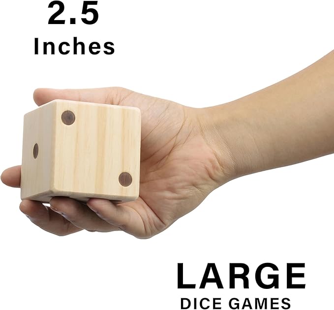 Large Wooden Yard Dice Set of 6 with Two Games and Cardboard Bucket