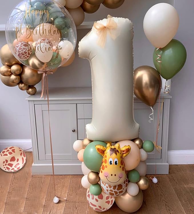 Safari Jungle Balloons Kit, 50pcs Sage Green White Sand Gold Balloons with Animal Print Balloons for Wild One Tropical Party Supplies Olive for Boy First Bithday Baby Shower Jungle Theme Party
