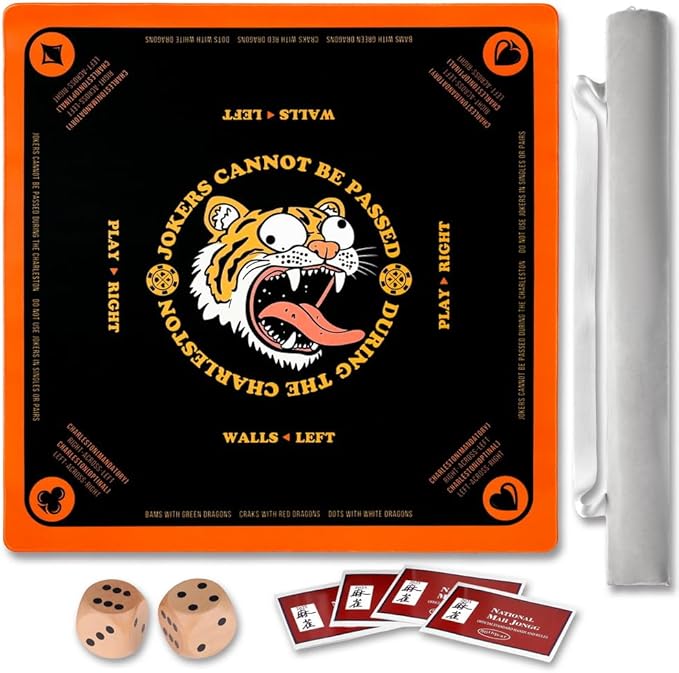 Mahjong Mat with Rules for Table,Non-Slip and Silent,Comes with 2 Dice and 1 Coral Velvet Mahjong Mat Storage Bag (Black)