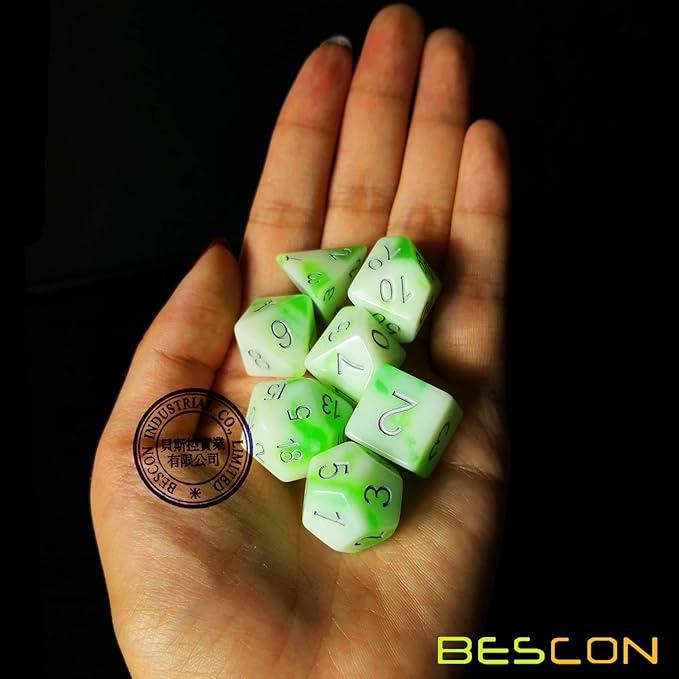 Bescon Glowing Polyhedral RPG Dice Set Luminous Jade, Bescon Glow in Dark Poly Dice Set of 7, DND Role Playing Game Dice