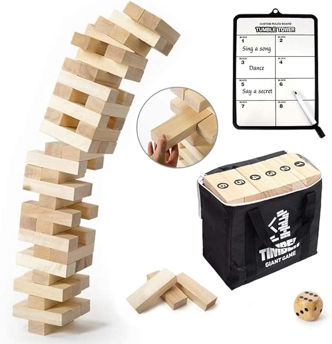 Gentle Monster Giant Tumble Tower with Dice & Game Board, 56 Pcs Large Size Wooden Stacking Game, Classic Outdoor Games for Adult Kids Family (Jumbo 56pc)
