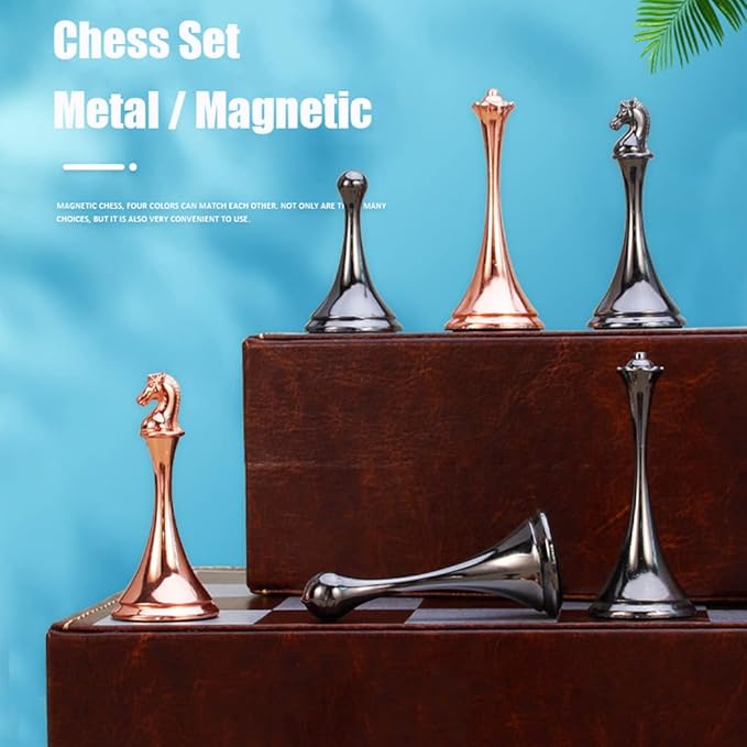 Chess Set, Magnetic Travel Chess Set, Large Metal Deluxe Chess Retro Alloy Adult Board Game Portable Wooden Box Storage Folding Chess Set,E