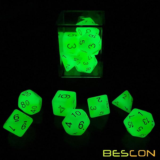 Bescon Glowing Polyhedral RPG Dice Set Luminous Jade, Bescon Glow in Dark Poly Dice Set of 7, DND Role Playing Game Dice