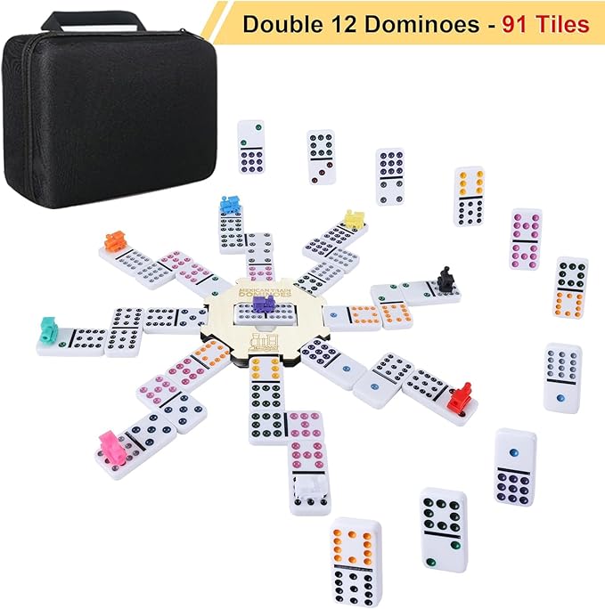 Double 12 Mexican Train Dominoes, 91 Tiles Dot Dominoes Games in Portable Case with 9 Trains Instruction Booklet Score Pads and Octagon Shape Hub Family Party Table Games